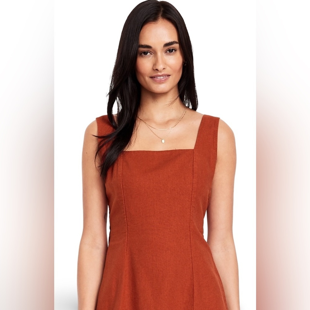NWTS🍃GAP OLD NAVY XL🍃BRONZE AMBER SQUARE NECK LINEN DRESS W STRAPS BACK SMOCKING - Picture 5 of 15